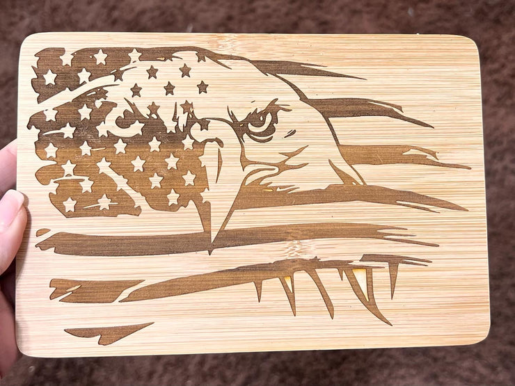 Engraved American Flag Bald Eagle small cutting board or table top wood coaster, Handmade gift, American flag with Bald Eagle Home Decor