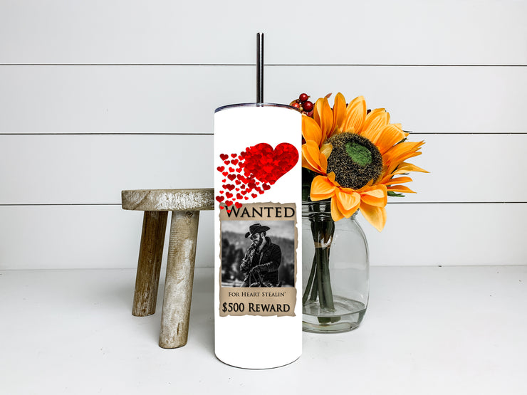 Valentines RIP WANTED Poster Yellowstone Dutton Ranch Design, Yellowstone Personalized Gift 20oz, Skinny Tumbler with Lid and Reusable Straws