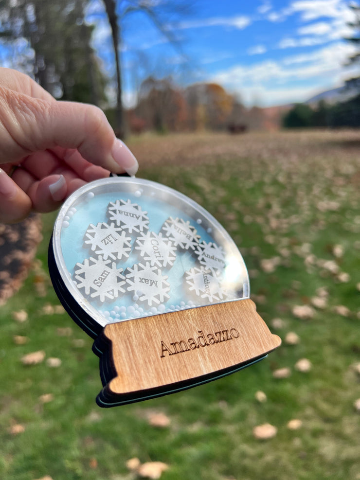 Snow Globe Personalized Christmas Ornament, Laser cut and engraved, Custom Names Ornament, Holiday Ornaments.