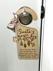 Christmas door hanger "Santa's Magic key for our home without a chimney". Laser Engraved Santa door tag and key