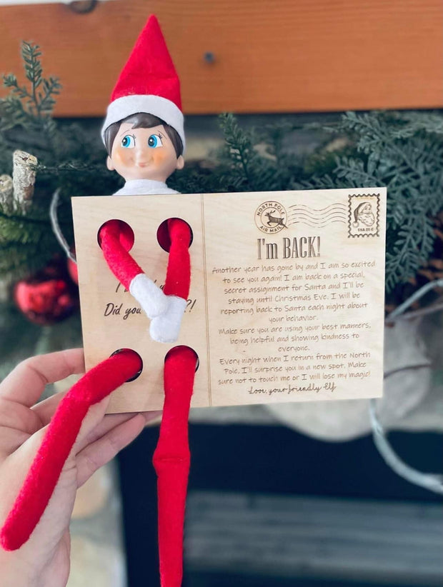 WELCOME BACK ELF CARD, WOODEN ENGRAVED AND CUT First day back elf POST CARD.