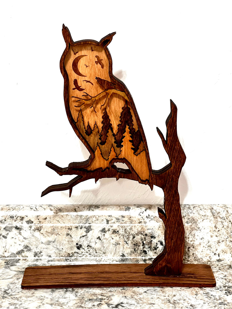 6 Layered Wood Owl on a Branch Art, Handmade gift for outdoor lover. Perfect for home, cabin, lodge, and any room. Owl Home Decor