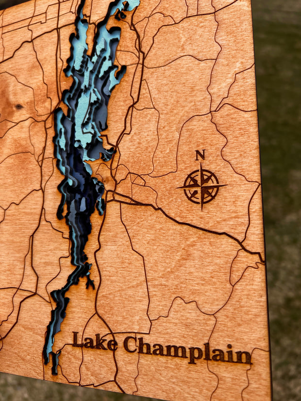 Lake Champlain, 10.2x13.2” Beautiful 6 Layers of Stained Wood Art,  Desk Top size and Wall Decor, Perfect for home, Handmade gift,