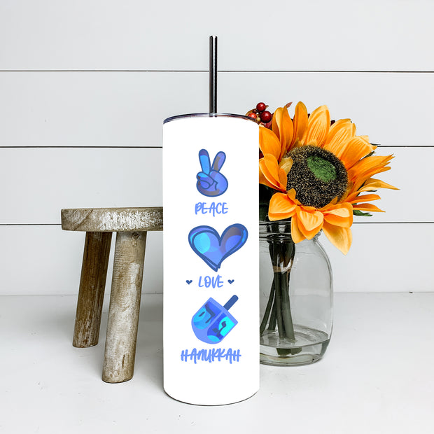 PEACE LOVE HANUKKAH Tumbler, UV Color Changing Cup, Tumbler With Reusable Straw 20oz, Dreidel Cup, Jewish Holiday,