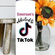 Addicted To TikTok, Tik Tok Tumbler, Personalized Tik Tok, Holiday Gift For Her, Skinny Tumbler With Reusable Straw 20oz,