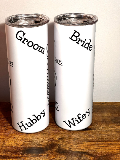 Bride and Groom WEDDING CUPS, Personalized with ring photo Tumbler, Tumbler With Reusable Straw 20oz