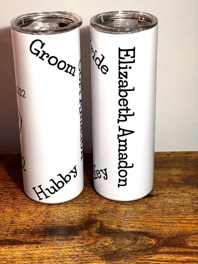 Bride and Groom WEDDING CUPS, Personalized with ring photo Tumbler, Tumbler With Reusable Straw 20oz