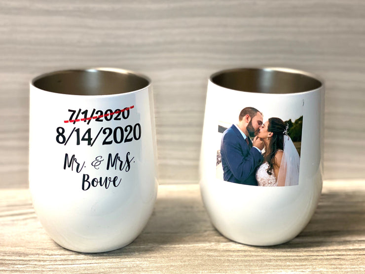 Bride and Groom Wine Tumbler, Wedding Date and New date (because of covid), Stainless Steel Tumbler with Clear Lid 12oz, Wedding,