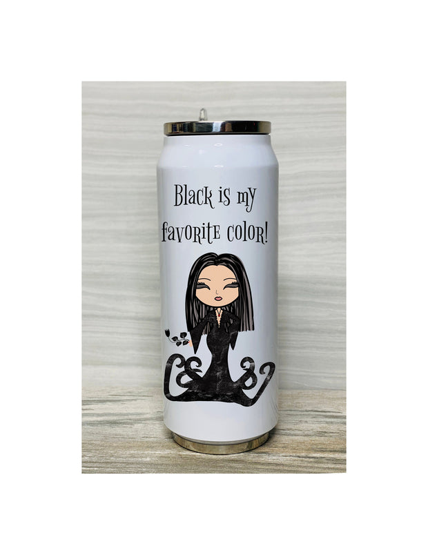 My favorite Color is Black, Cute Witch, Stainless Steel Coke Can with Straw, 17oz, Halloween, Sexy Witch