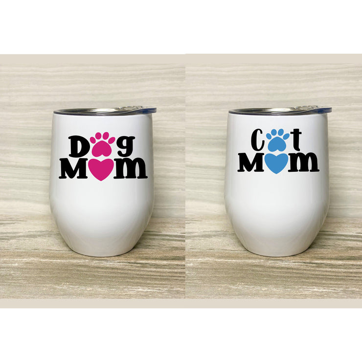 Cat Mom, Dog Mom, Stainless Steel Tumbler with Clear Lid 12oz,
