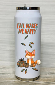 Fall Makes Me Happy, Tumbler, Stainless Steel Coke Can with Straw, 15 oz, Fall Fox Tumbler, Cute Fox,
