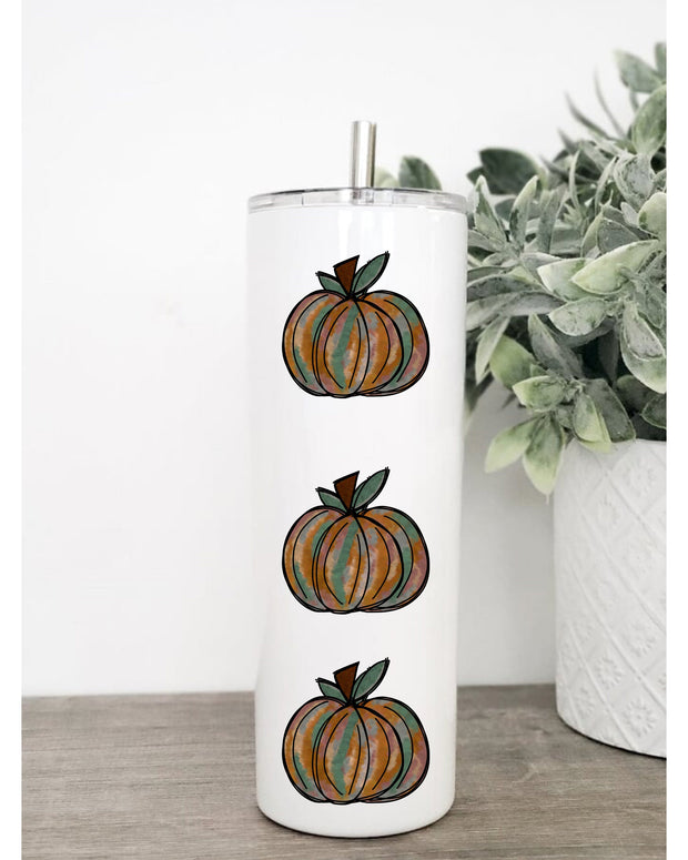Painted Pumpkin Skinny Tumbler, Drinking Gift 20oz, UV Color Changing Glow in Dark Cups, Skinny Tumbler with Lid and Reusable Straw, Fall Pumpkin