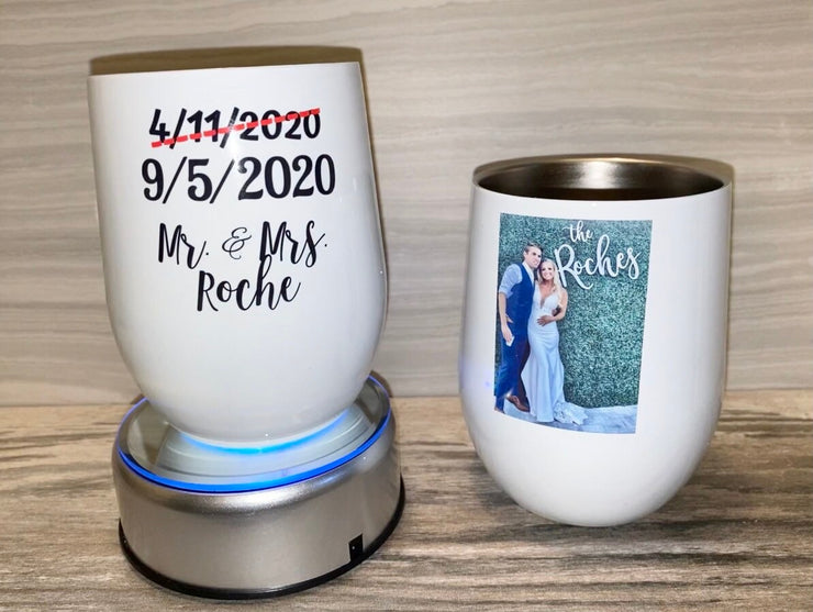 Bride and Groom Wine Tumbler, Wedding Date and New date (because of covid), Stainless Steel Tumbler with Clear Lid 12oz, Wedding,