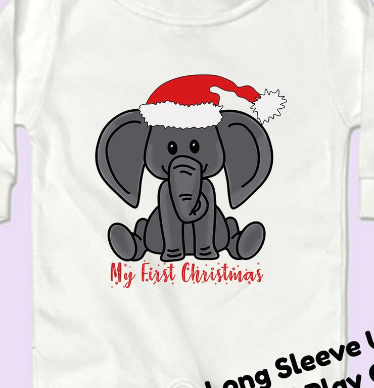 Baby's First Christmas, Baby Elephant Onesies, Baby Onesies, Baby's 1st Christmas, Long Sleeve Unisex Sleep and Play Crew Neck,