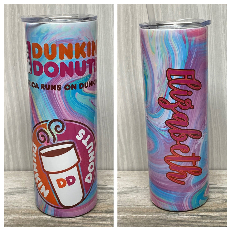 D Donuts Personalized Coffee Tumbler, Swirl Design Skinny Tumbler With Reusable Straw 20oz, PSL, Ice Coffee