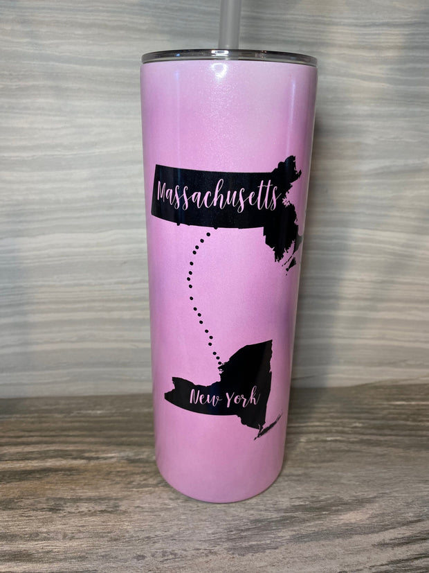 UV Color changing Cups, Sister Cup Personalized with States, Goes from white to Color in the Sun, Skinny Tumbler With Straw 20oz,  Sisters