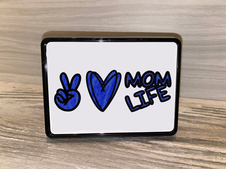 Peace Love Mom Life, Hard Plastic Hitch Cover,Customize your Vehicle’s 2” Hitch with Patriotism, Logos, Momlife, Sports Teams, Kids College,