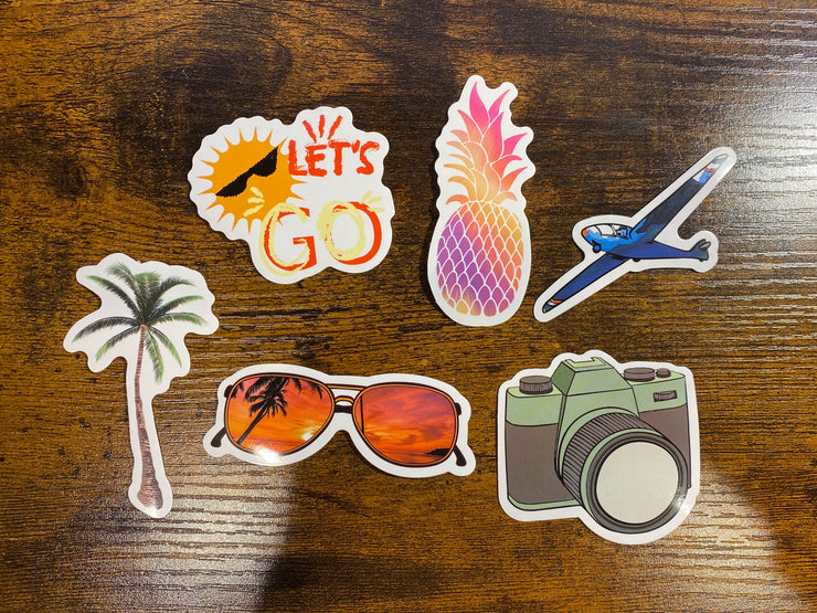 Vacation Stickers, Set of 6 Permanent Vinyl Sticker, Seek Adventure Stickers,  Laptop Sticker, Camera Plane Pineapple Sunglasses Stickers