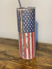 American Flag Tumbler, 4th of July, Red White Blue Patriotic USA Flag Tumbler With Reusable Straw 20oz