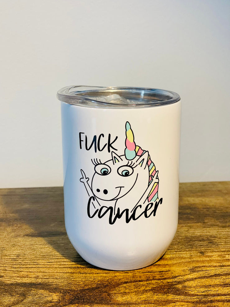 FUCK Cancer Unicorn Cups, Cancer Sucks, I got this - Cancer! Wine Tumbler Clear Lid 12oz