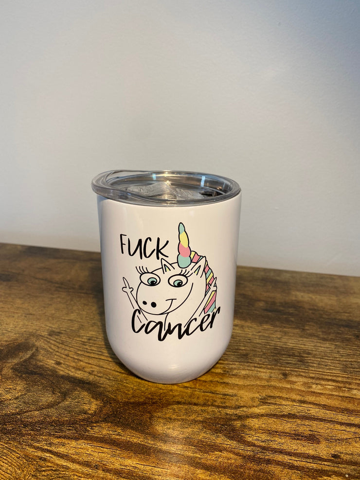 FUCK Cancer Unicorn Cups, Cancer Sucks, I got this - Cancer! Wine Tumbler Clear Lid 12oz