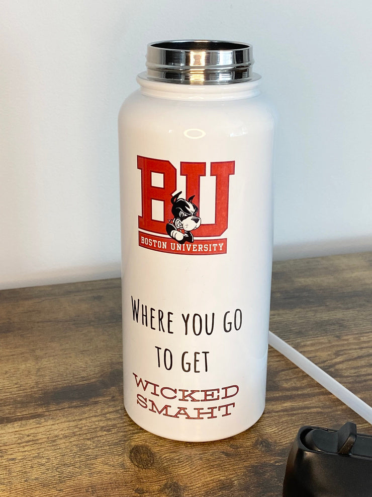 Boston University where you go to get Wicked SMAHT, BU Cup, BU Where you Get Wicked Smaht, Stainless Steel Water Bottle Straw 32oz,