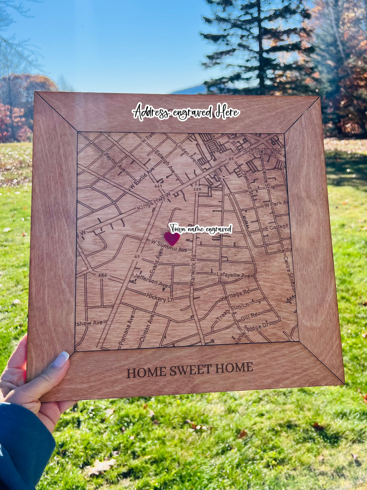 Housewarming Gift, Wood Engraved Map of the HOME location, Home Sign, Heart Rustic Farmhouse Sign, Entry Sign,